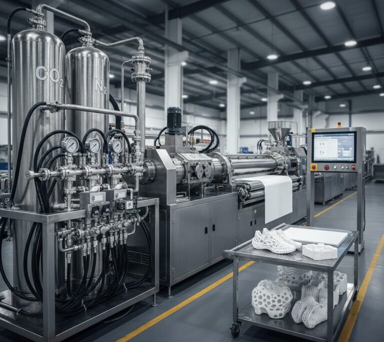 橡塑膠超臨界物理發泡設備與控制系統，展示高壓比例閥精準壓力調控技術